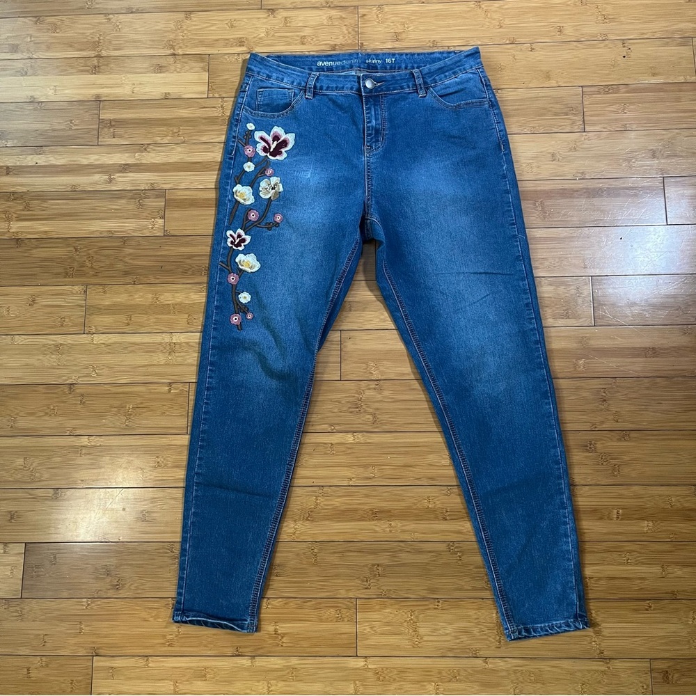 Avenue Denim Embroidered Pink & Yellow Floral Mid Rise Skinny Jeans Cottagecore